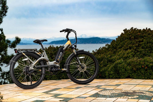 Black E-Bike on Tile Floor Outdoors